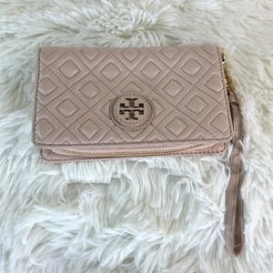 Tory Burch Marion Quilted Smartphone Wristlet Wallet Clutch Pink Gold Zip Luxury